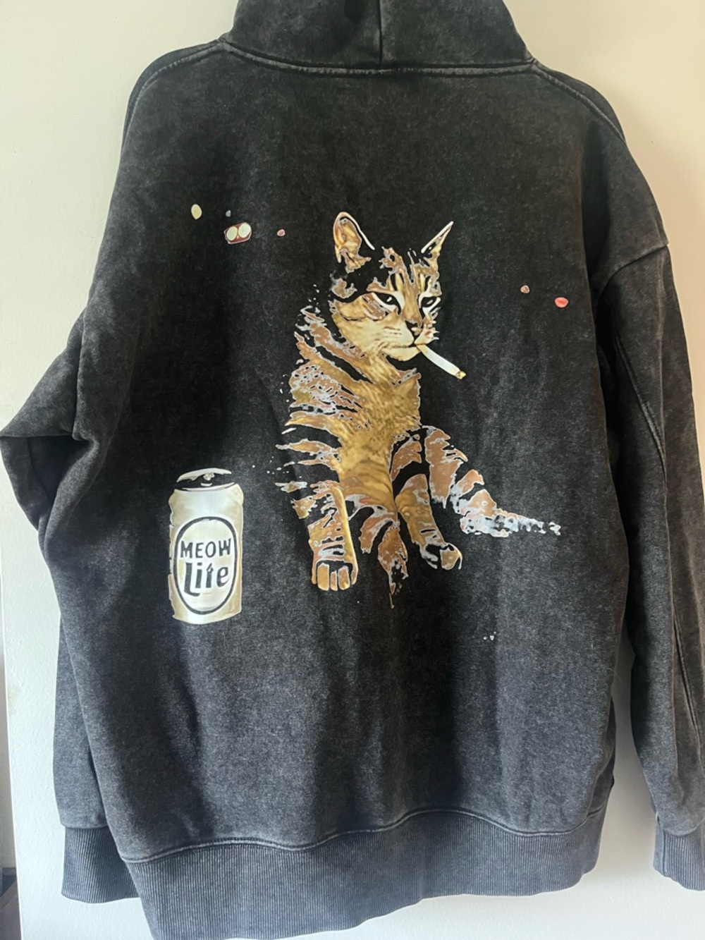 Graphic Cat Hoodie - Acid Wash Black Hoodie